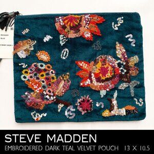 Steve Madden Dark Teal Velvet Embroidered Pouch 13 x 10.5